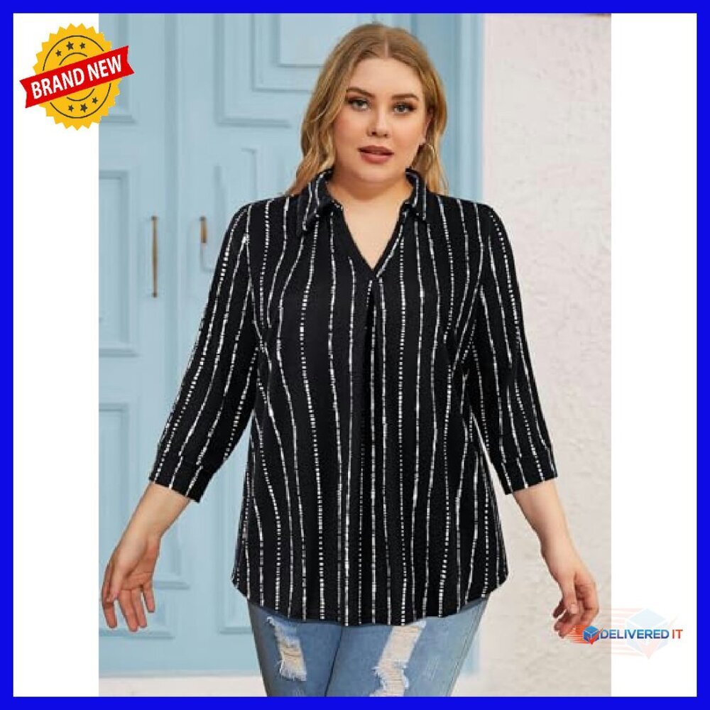 Plus Size V-Neck Collared 3/4 Sleeve Blouse Loose Fit Soft Business Casual - Picture 3 of 8